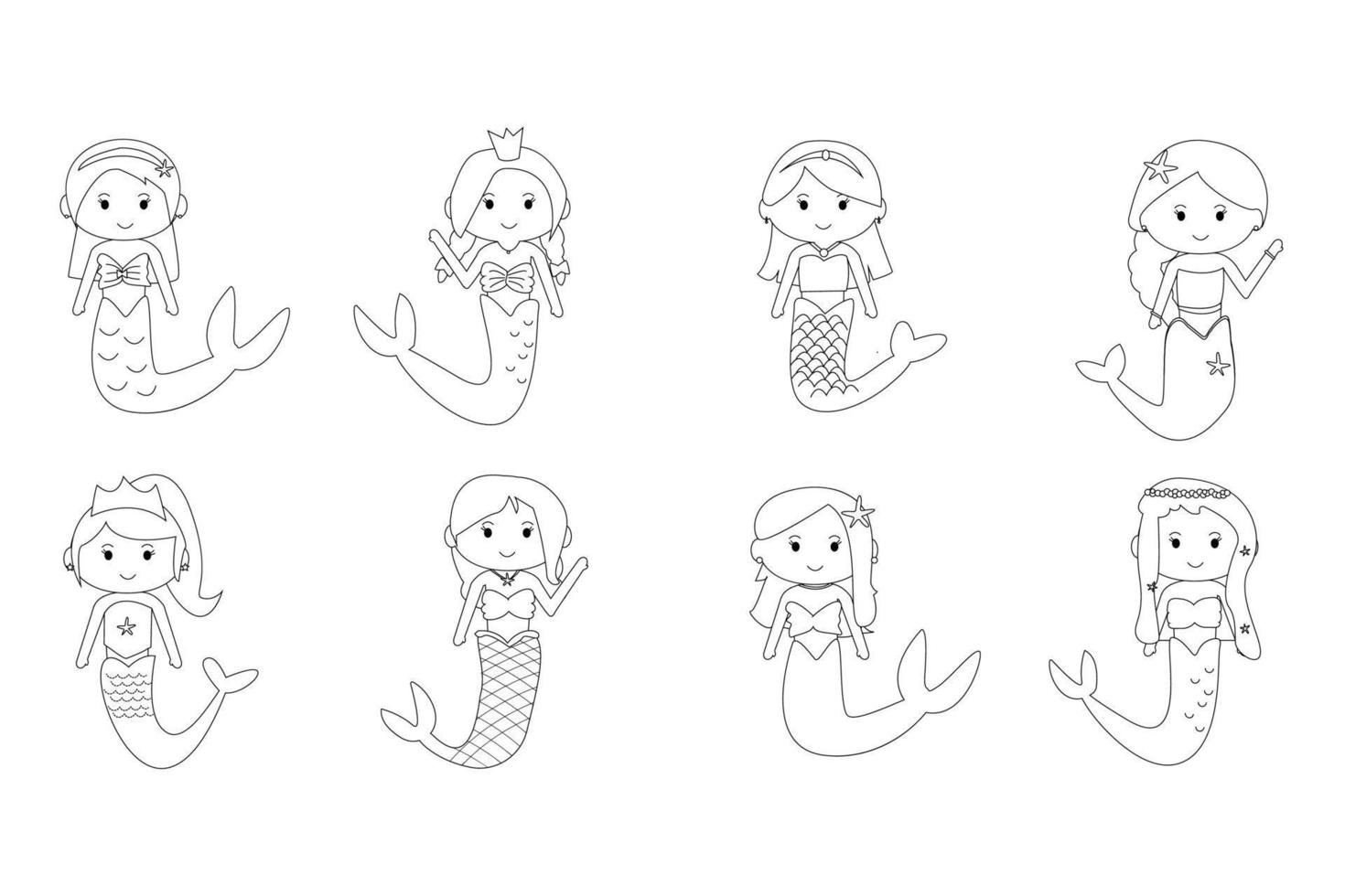 mignon ligne doodle princesse sirène personnage clipart ensemble vecteur