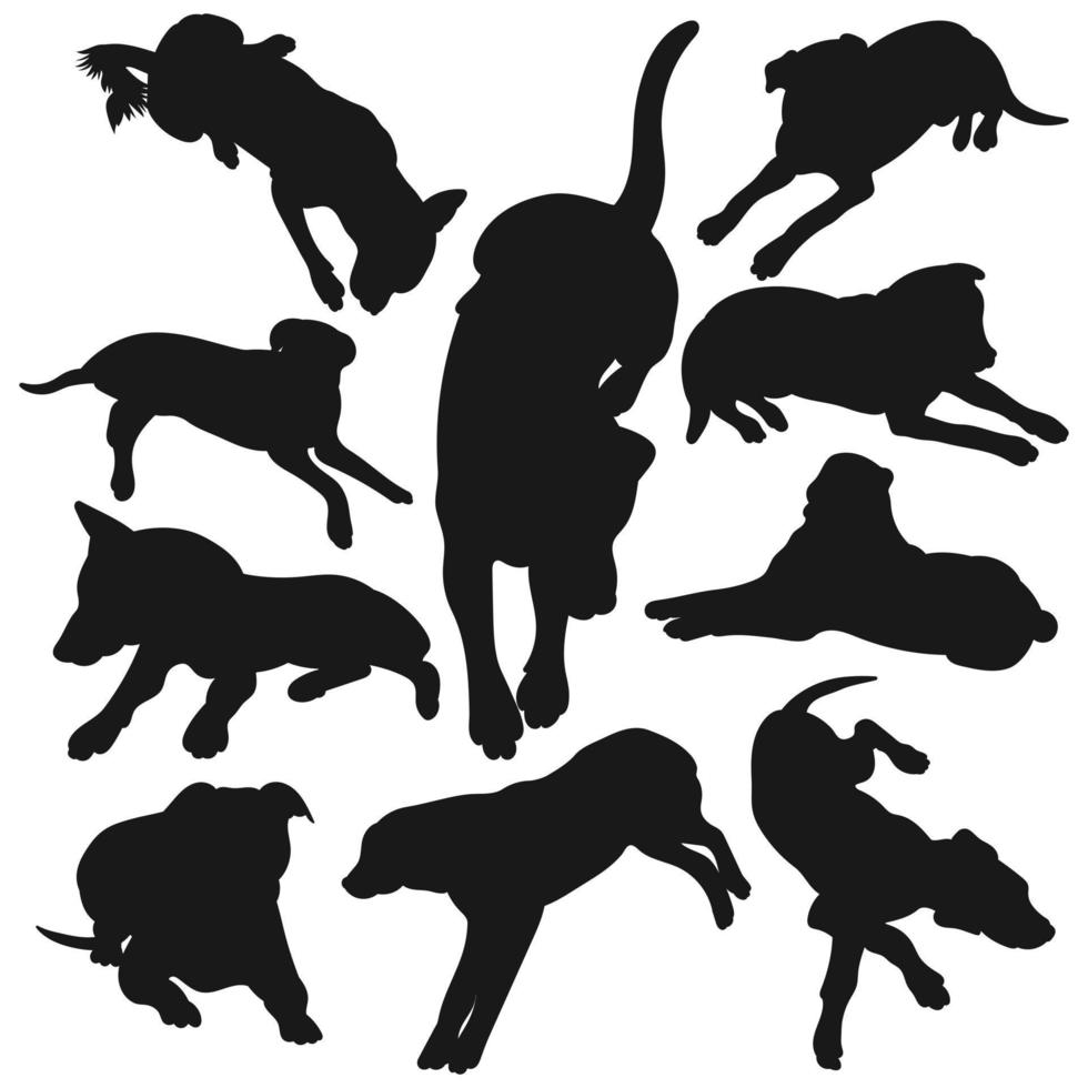 ensemble de silhouettes noires de chiens couchés, position de mensonge, paquet de formes et de figures d'animaux de compagnie dessinés à la main, vecteur isolé