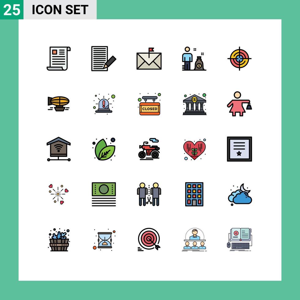 interface mobile ligne remplie couleur plate ensemble de 25 pictogrammes de lettre d'affaires d'investisseur e-mail signalé éléments de conception vectoriels modifiables vecteur
