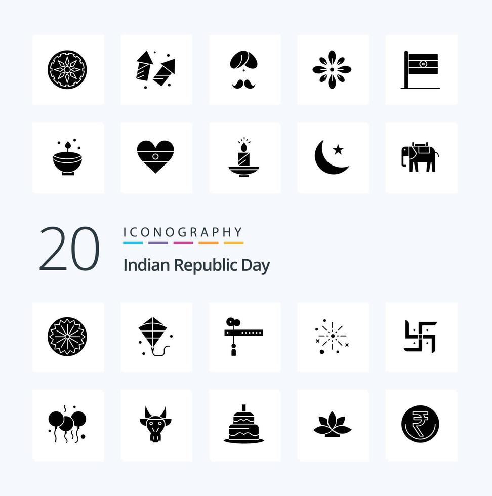20 pack d'icônes de glyphes solides du jour de la république indienne comme des feux d'artifice vecteur