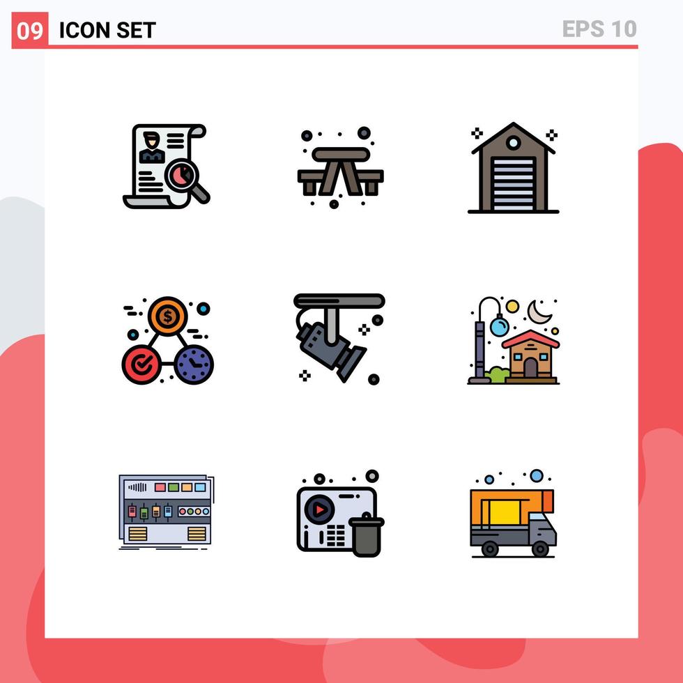 interface mobile filledline couleur plate ensemble de 9 pictogrammes d'argent de voyage dans le temps lumineux éléments de conception vectoriels modifiables réels vecteur