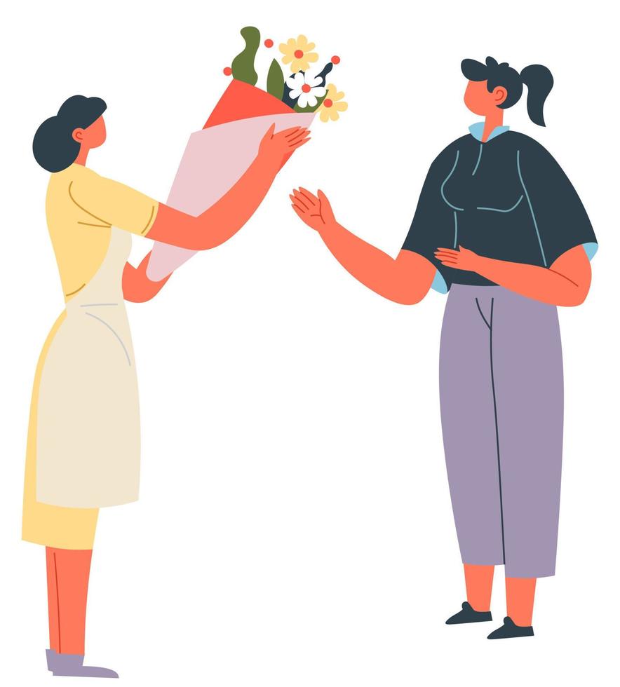 femme présentant un cadeau de fleurs pour un personnage féminin vecteur