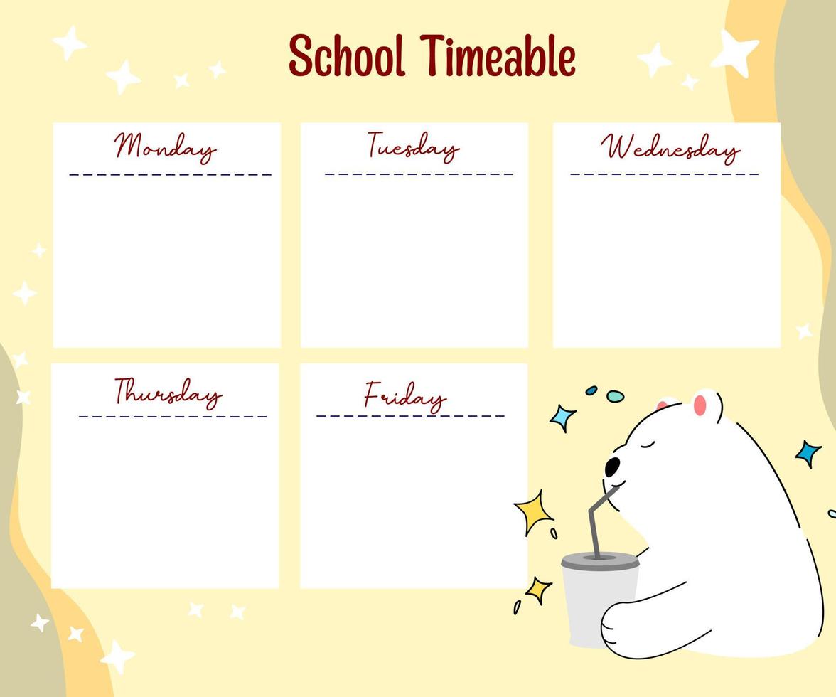 agenda hebdomadaire ours kawaii vecteur