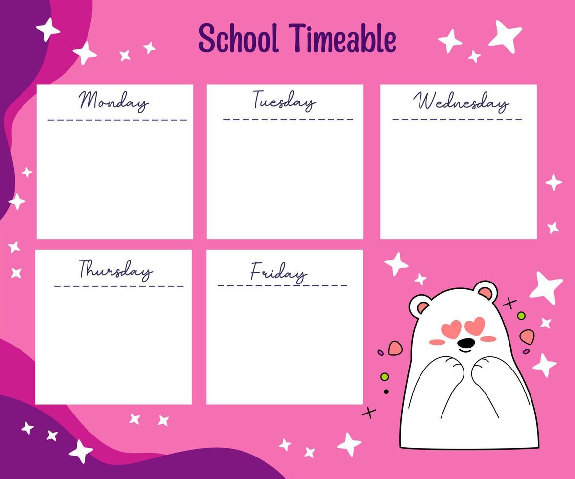 agenda hebdomadaire ours kawaii vecteur