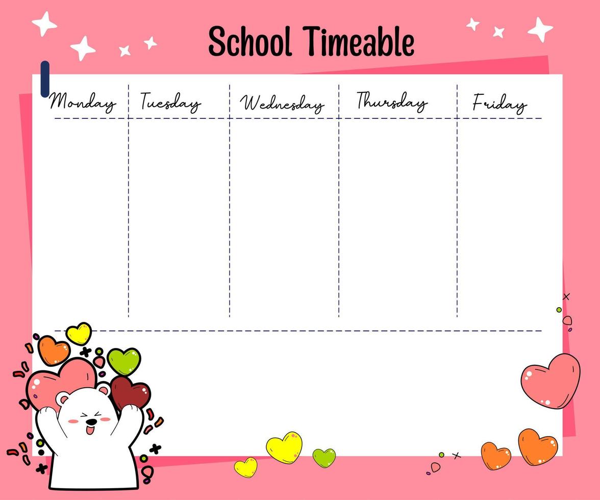 agenda hebdomadaire ours kawaii vecteur