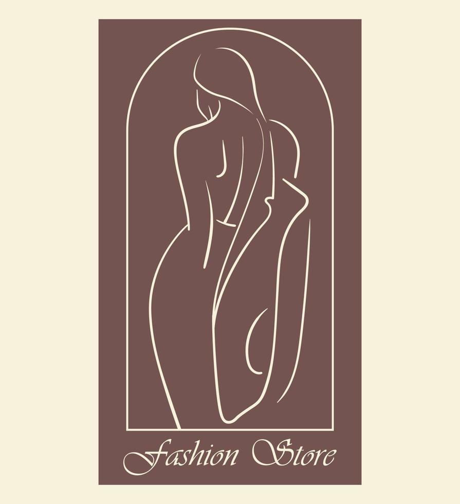 silhouette de mannequin de femme. logo de boutique et de magasin, étiquette, emblème avec femme d'art en ligne à la mode vecteur