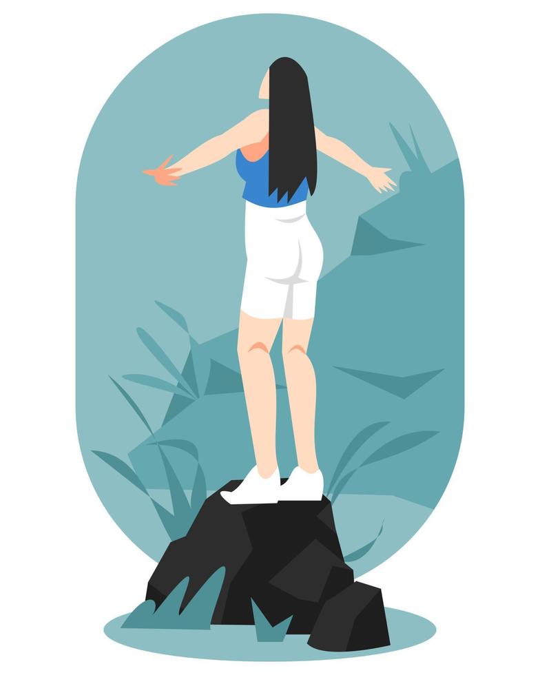 illustration d'une belle femme qui s'étend dans la nature. ambiance calme. paix. concepts et thèmes féminins, gymnastique, nature, etc. vecteur plat.