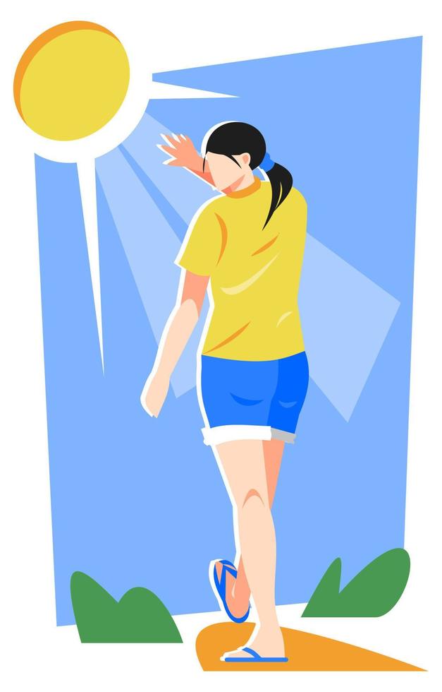 illustration d'une femme exposée au soleil. ébloui. fond bleu, soleil et herbe. adapté au thème de l'été, à la météo, à la nature, au matin, etc. vecteur plat