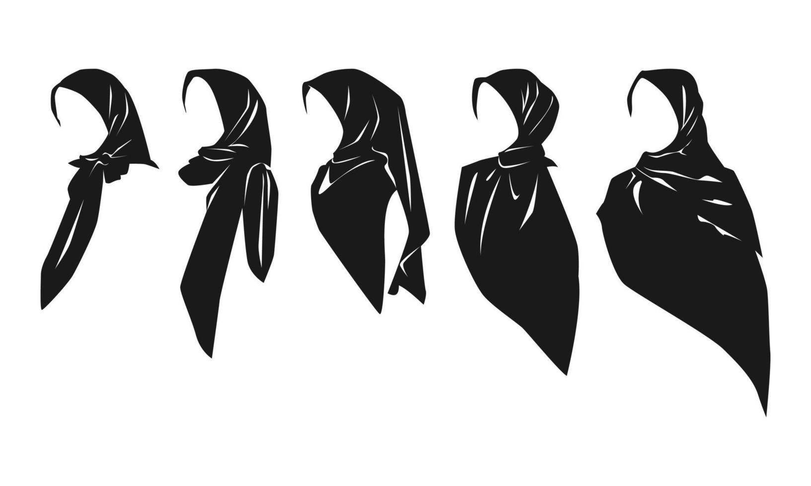 ensemble de silhouettes de plusieurs hijabs féminins de différents types, styles, tailles. concept de vêtements, musulman, mode. parfait pour l'impression, l'autocollant, l'affiche, le motif, le web. illustration vectorielle. vecteur