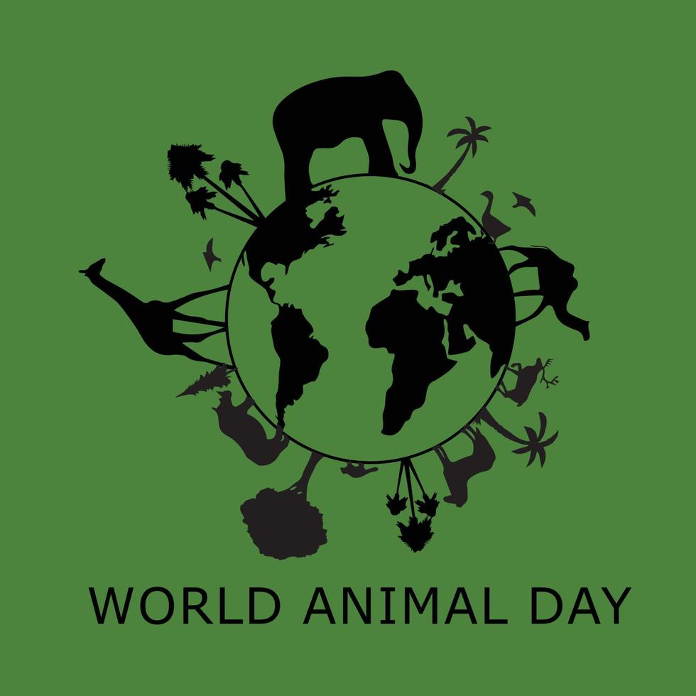 affiche de la journée mondiale des animaux avec des silhouettes vertes d'animaux sauvages vecteur icône