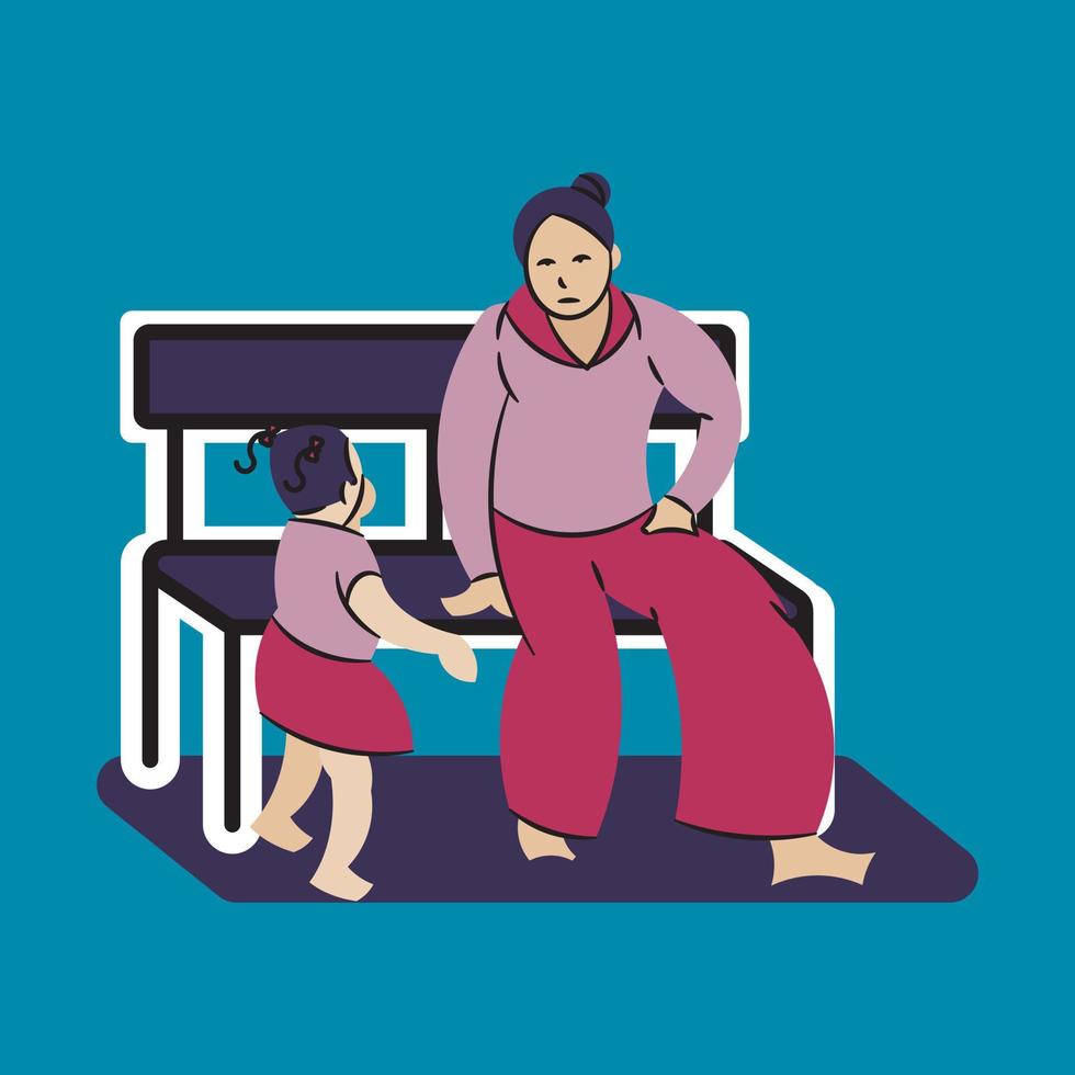 illustration d'une mère assise sur un banc s'occupant de sa fille, dessin vectoriel
