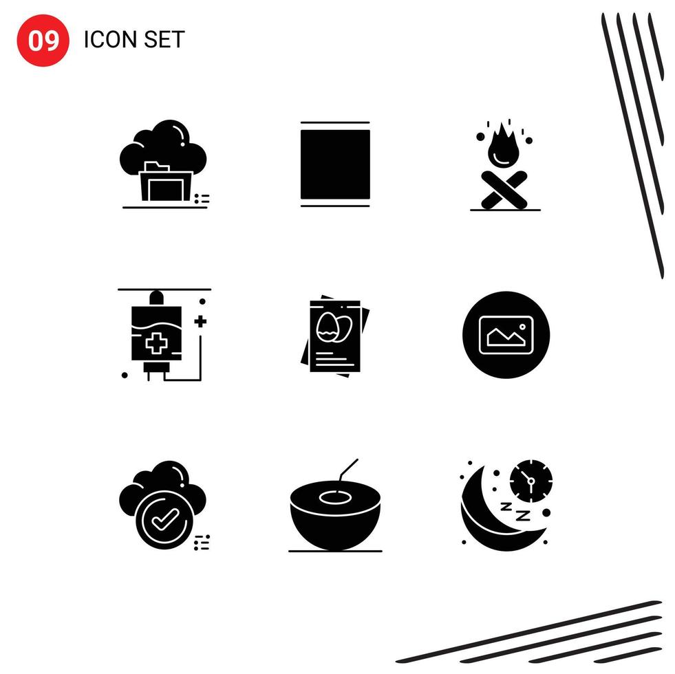interface mobile glyphe solide ensemble de 9 pictogrammes d'œufs calendrier médical hôpital feu éléments de conception vectoriels modifiables vecteur