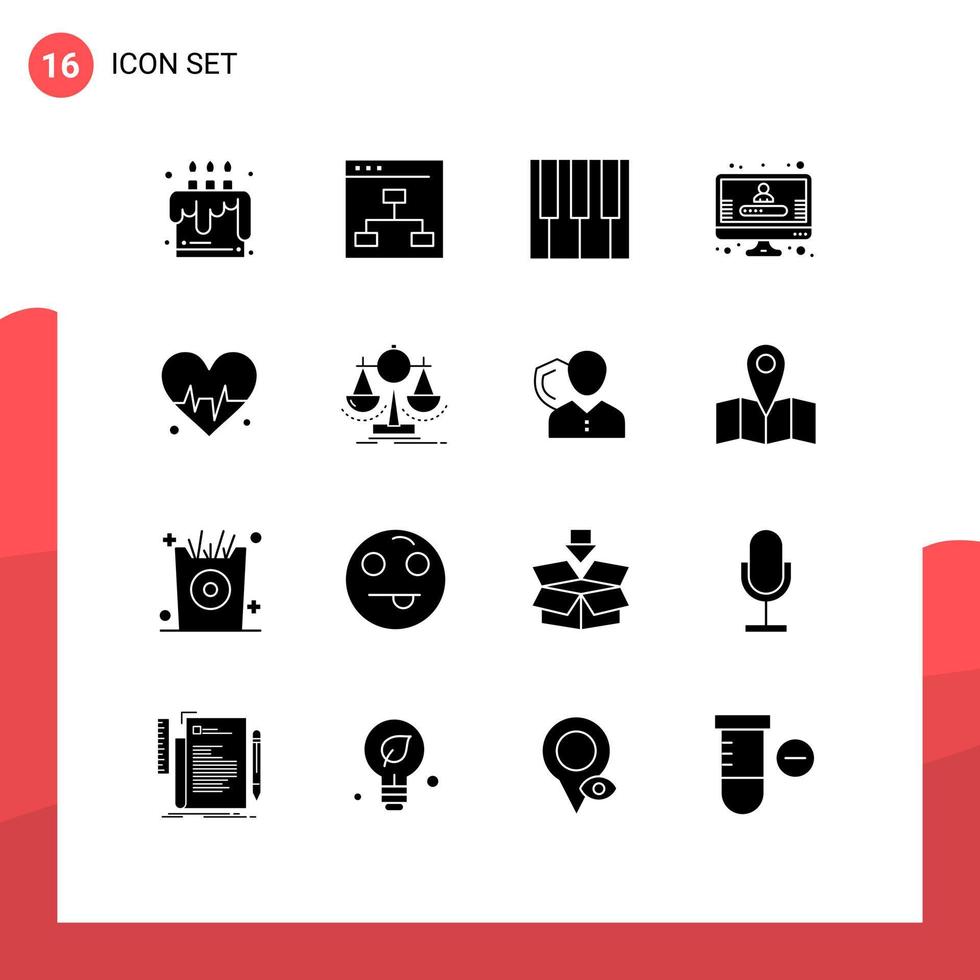 16 glyphes solides universels définis pour les applications web et mobiles battent les éléments de conception vectoriels modifiables du compte d'enregistrement de l'équipe médicale vecteur