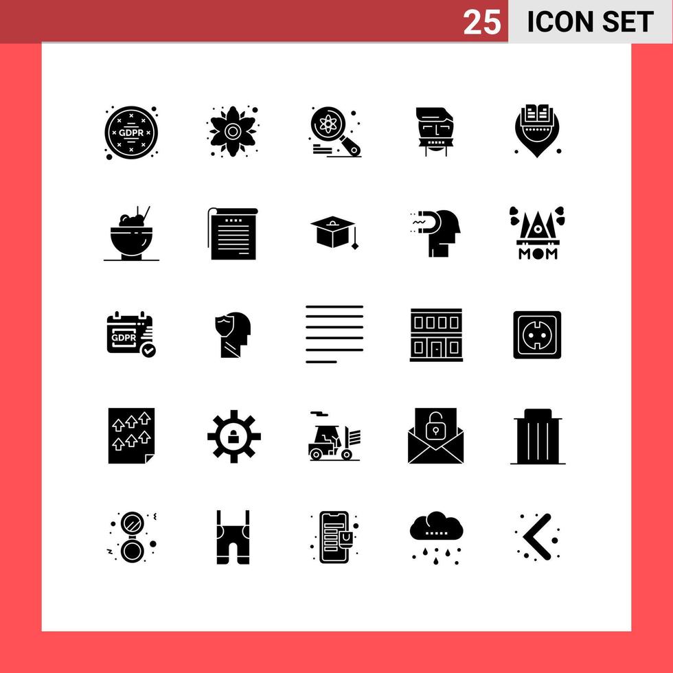 25 glyphes solides universels définis pour les applications web et mobiles terrorisme adversaire ordinateur bouche recherche éléments de conception vectoriels modifiables vecteur