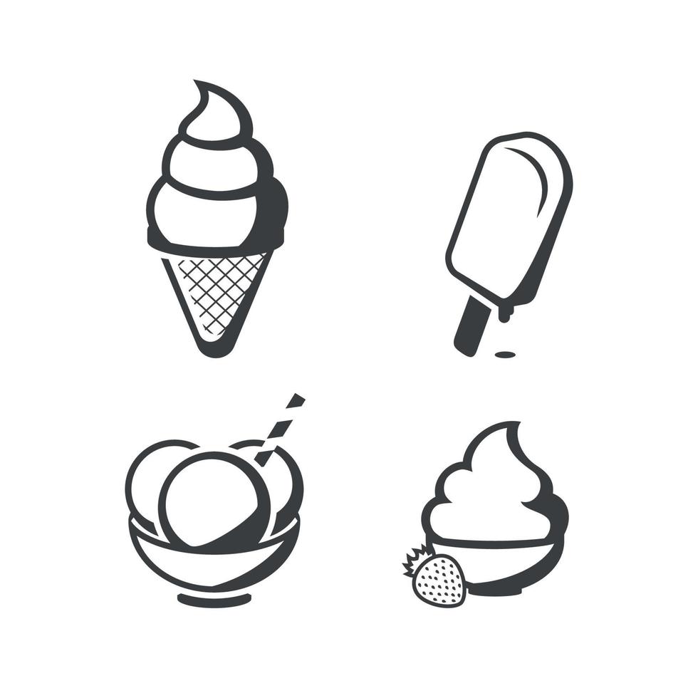jeu d'icônes de crème glacée, noir sur fond blanc vecteur