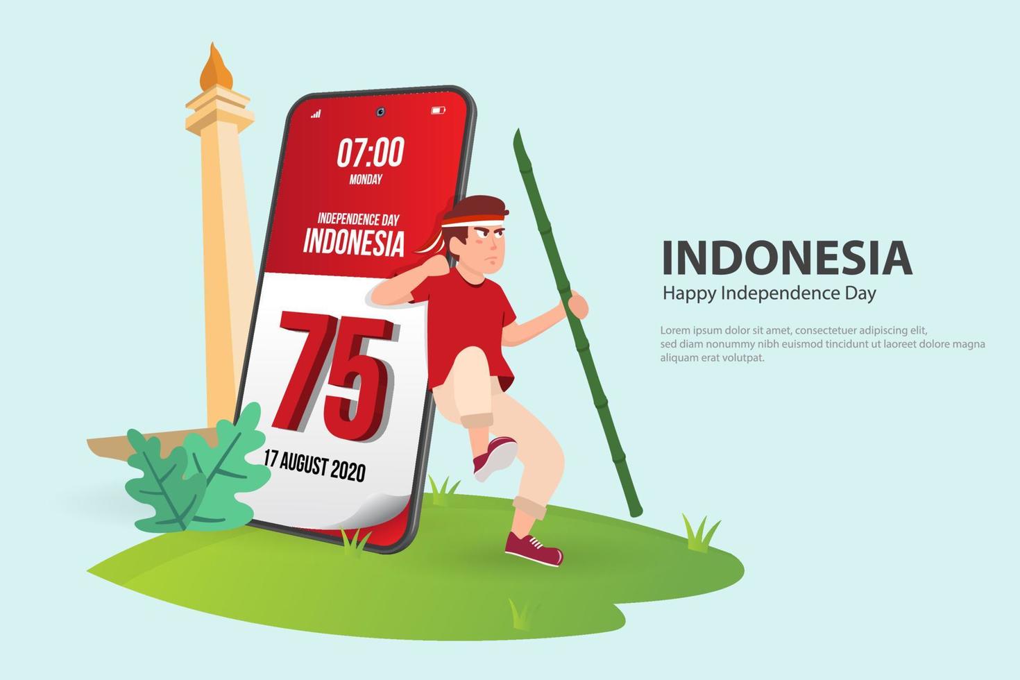 17 août. indonésie joyeux jour de l'indépendance carte de voeux avec les mains serrées vecteur