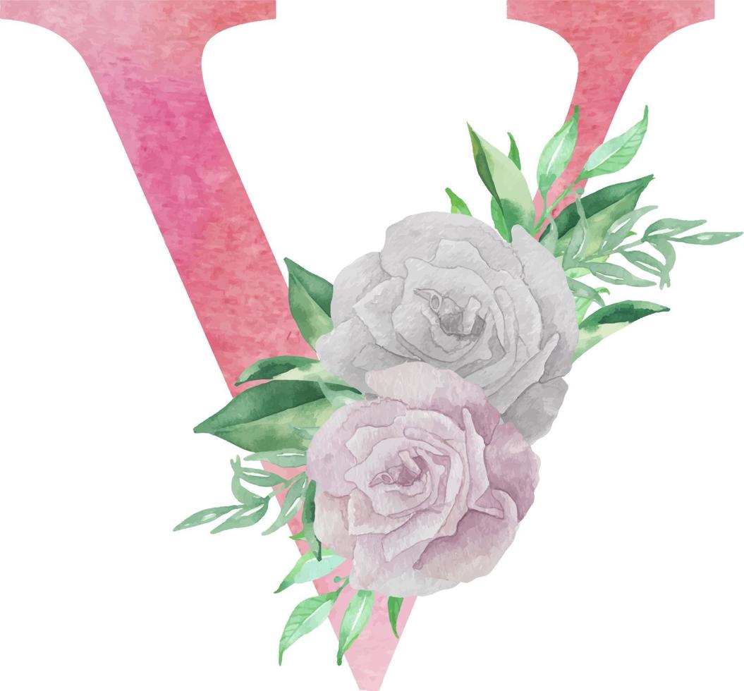 lettre aquarelle v avec fleurs et feuilles. lettre majuscule rose floral v pour les invitations de mariage, carte de voeux, logo vecteur