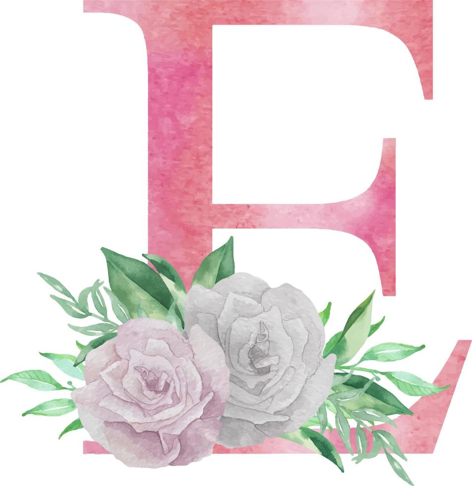 lettre aquarelle e avec fleurs et feuilles. lettre majuscule rose floral e pour les invitations de mariage, carte de voeux, logo vecteur