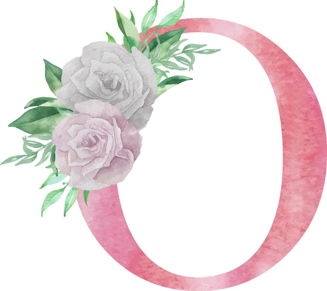lettre aquarelle o avec fleurs et feuilles. lettre majuscule rose floral o pour les invitations de mariage, carte de voeux, logo vecteur