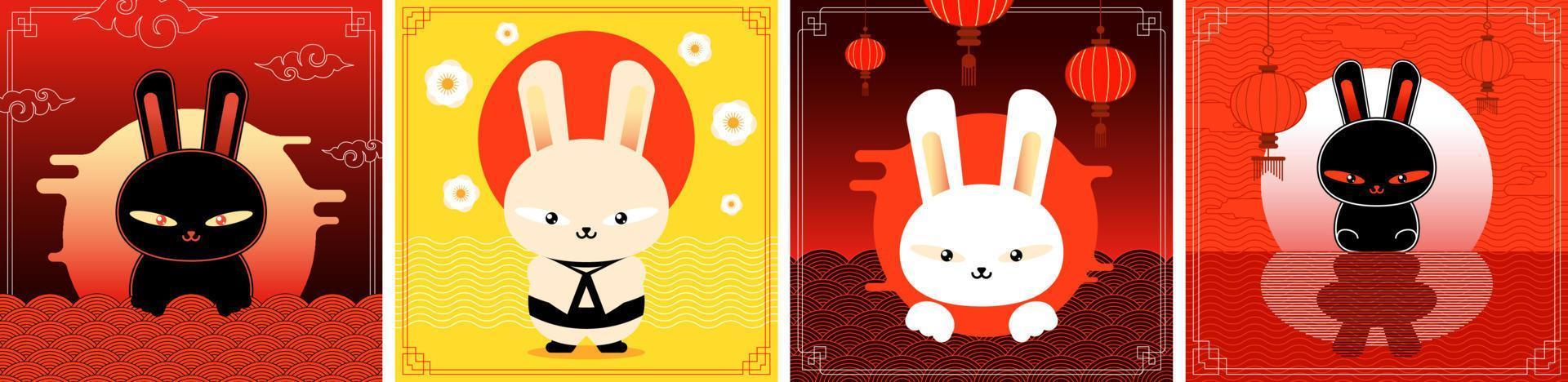 nouvel an chinois du jeu de bannière carrée de lapin d'eau noire. cartes de voeux du symbole du zodiaque annuel traditionnel de la Chine. lièvre asiatique de style kawaii. modèles de conception abstraite à la mode pour le calendrier oriental 2023 vecteur