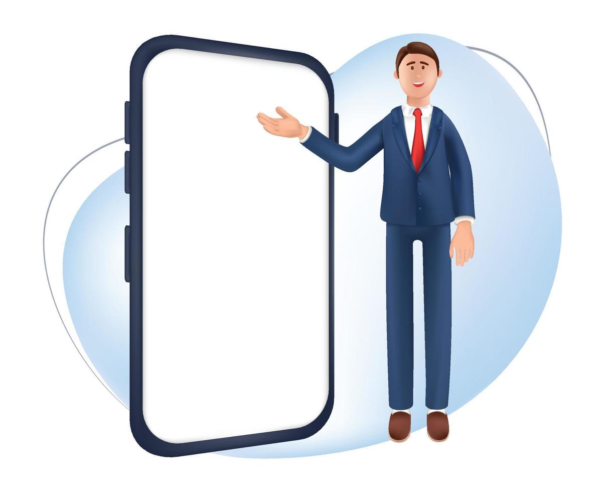 Portrait d'illustration 3d d'un homme d'affaires souriant avec un gros téléphone. Illustration d'un homme debout de dessin animé en costume pointant le doigt sur l'écran isolé sur fond blanc vecteur