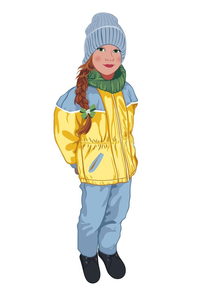 la jeune fille est habillée aux couleurs des symboles ukrainiens, dans une combinaison de ski jaune-bleu, en vêtements d'hiver. caractère vectoriel