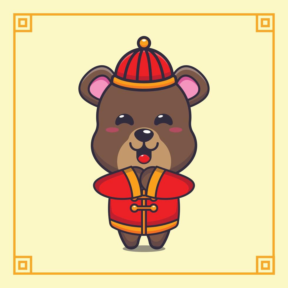 ours mignon avec costume chinois rouge dans le nouvel an chinois. illustration de dessin animé de vecteur adaptée à l'affiche, à la brochure, au web, à la mascotte, à l'autocollant, au logo et à l'icône.