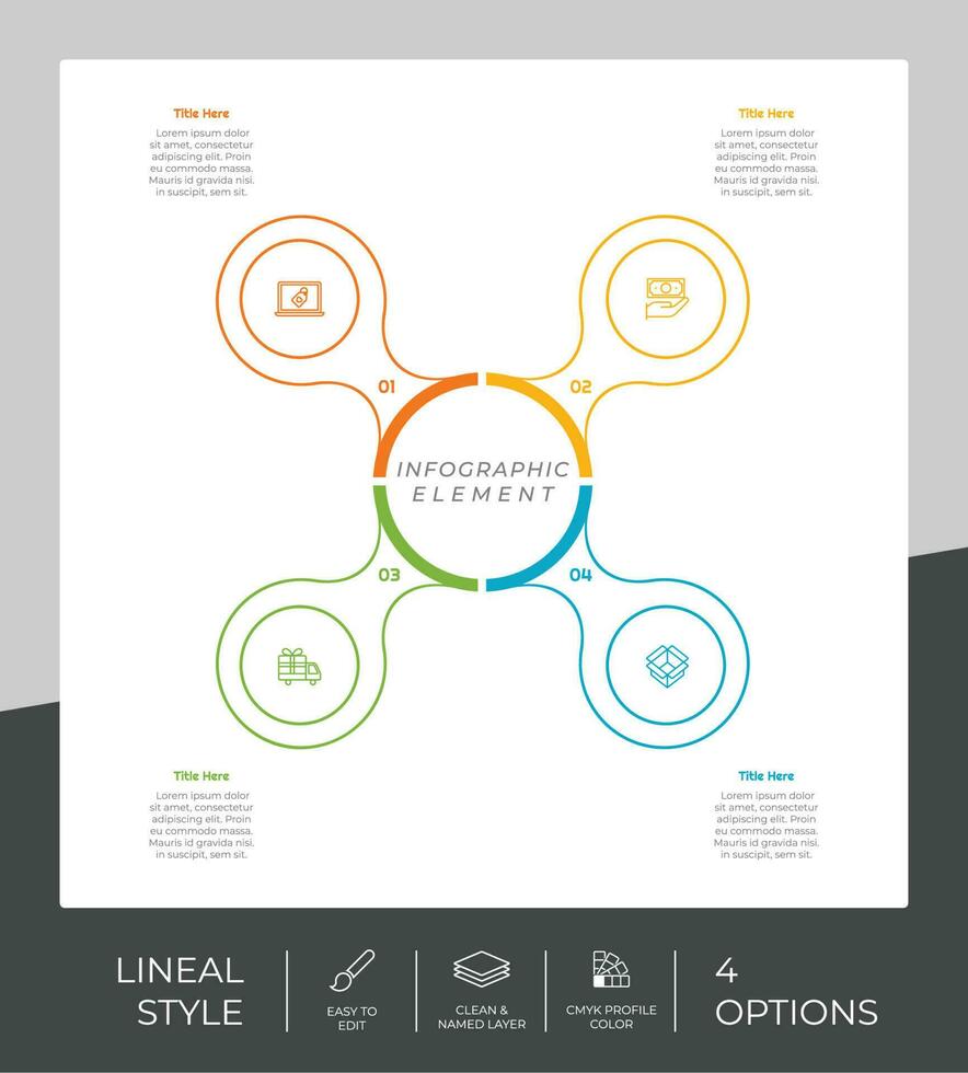 conception de vecteur infographique d'option de cercle avec 4 options de style coloré à des fins de présentation. L'infographie d'option de ligne peut être utilisée pour les affaires et le marketing