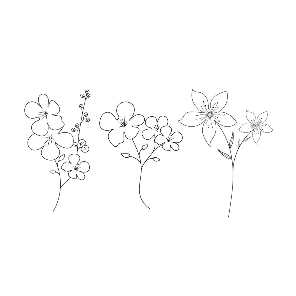 bouquet dessiné à la main avec des fleurs et des feuilles isolés sur blanc. dessin au trait vecteur