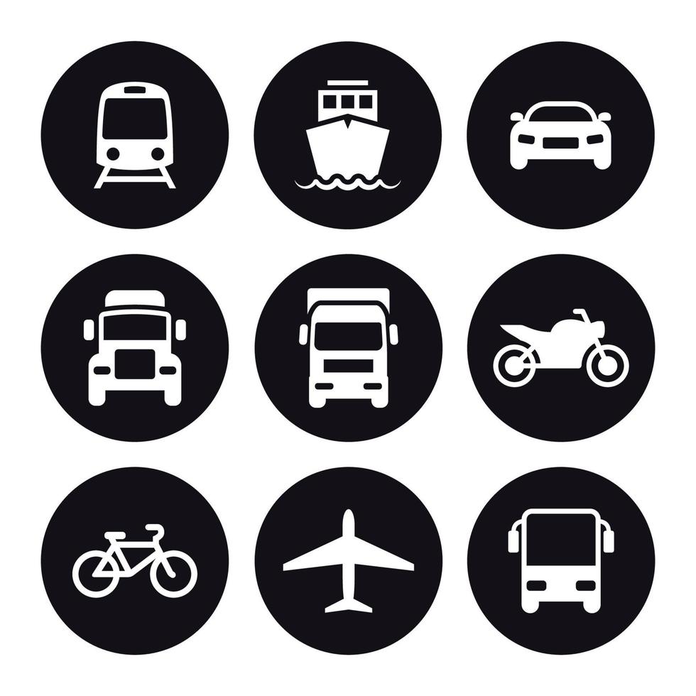 icônes de transport. blanc sur fond noir vecteur