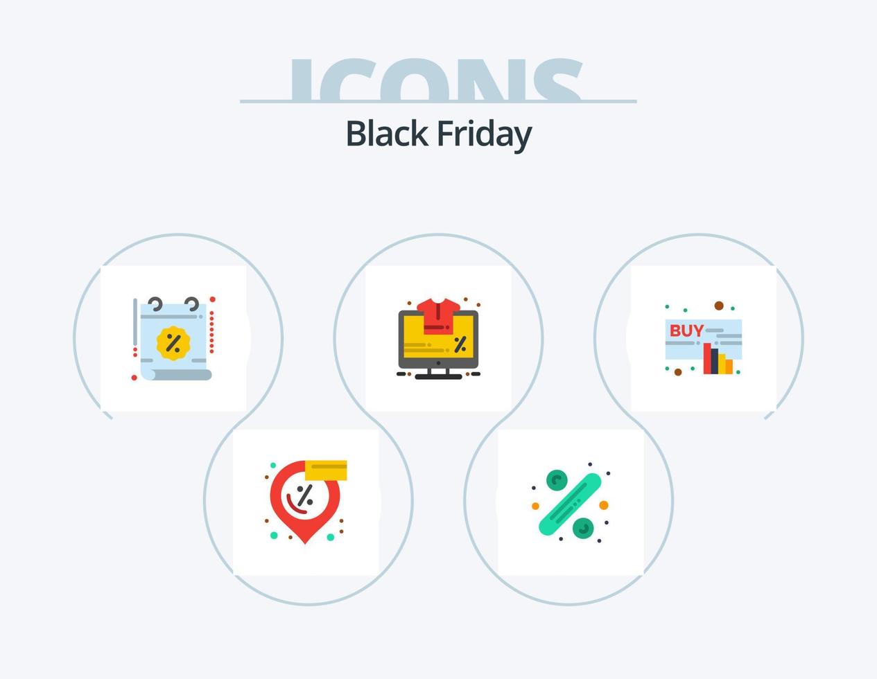 pack d'icônes plat vendredi noir 5 conception d'icônes. acheter. pourcentage. calendrier. pour cent. vendre vecteur