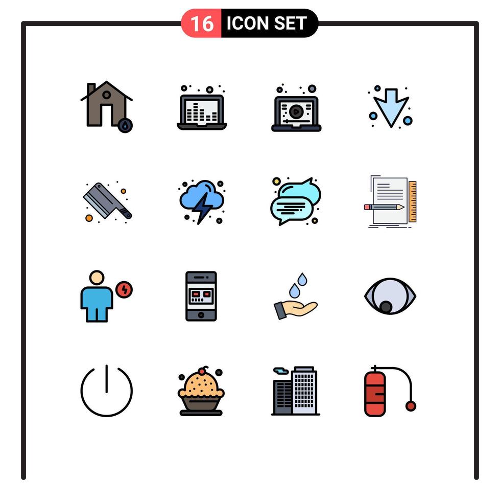 ensemble moderne de 16 lignes et symboles remplis de couleurs plates tels que des ondes sonores complètes de cuisine vers le bas des éléments de conception vectoriels créatifs modifiables en vidéo vecteur