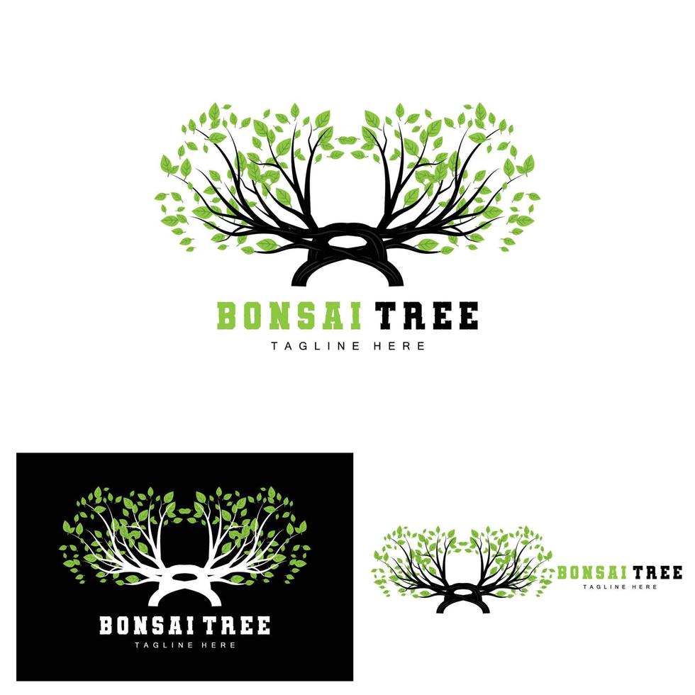 création de logo d'arbre vert, illustration de logo de bonsaï, vecteur de feuilles et de bois