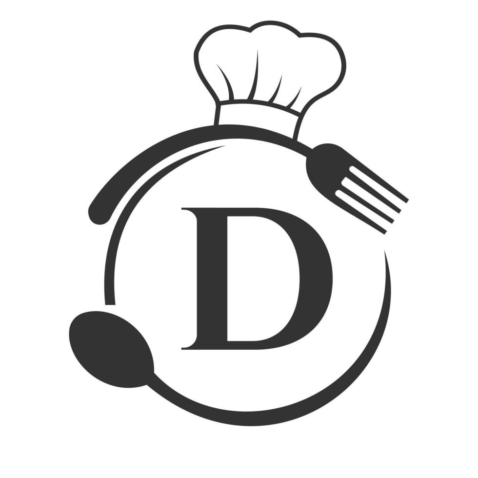logo du restaurant sur le concept de la lettre d avec toque, cuillère et fourchette pour le logo du restaurant vecteur