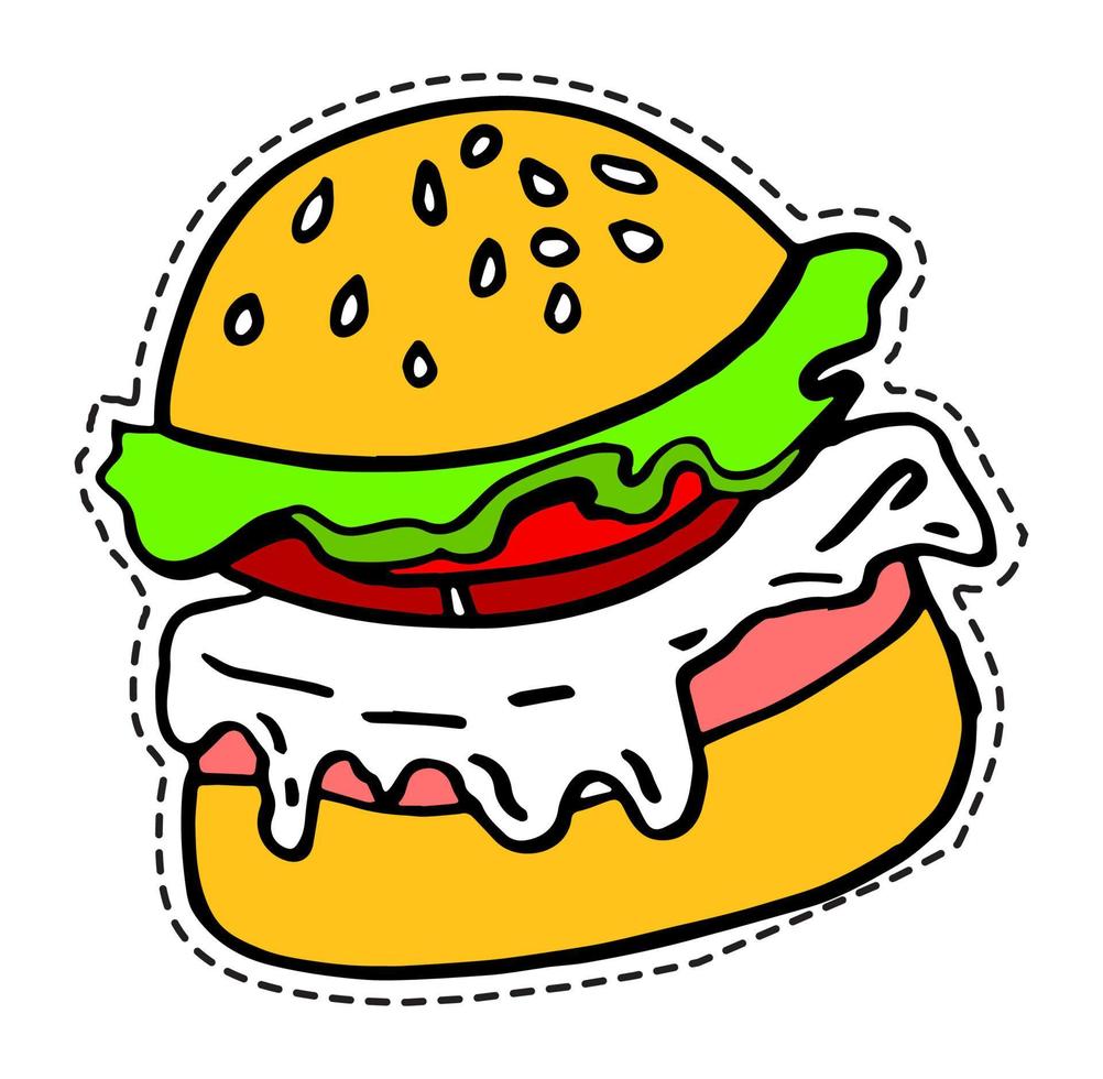 burger ou hamburger, autocollant de restauration rapide de collation savoureuse vecteur