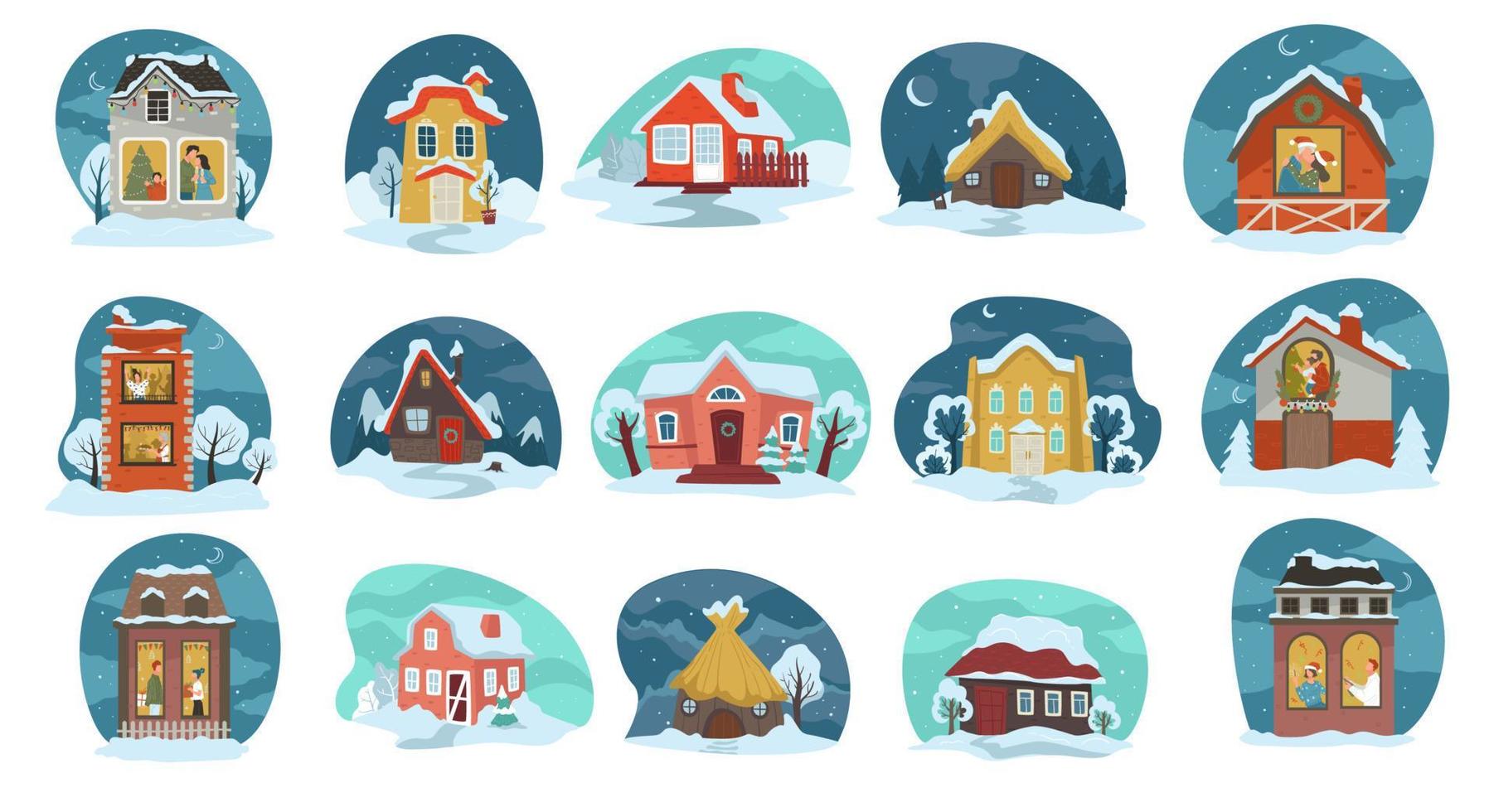 maisons couvertes de neige, de noël et d'hiver vecteur