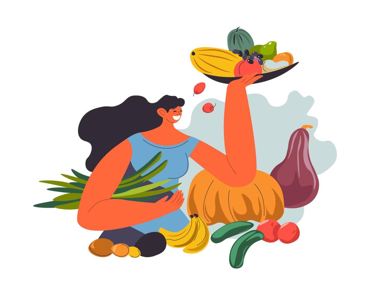 femme avec des fruits et légumes dans le vecteur de la main