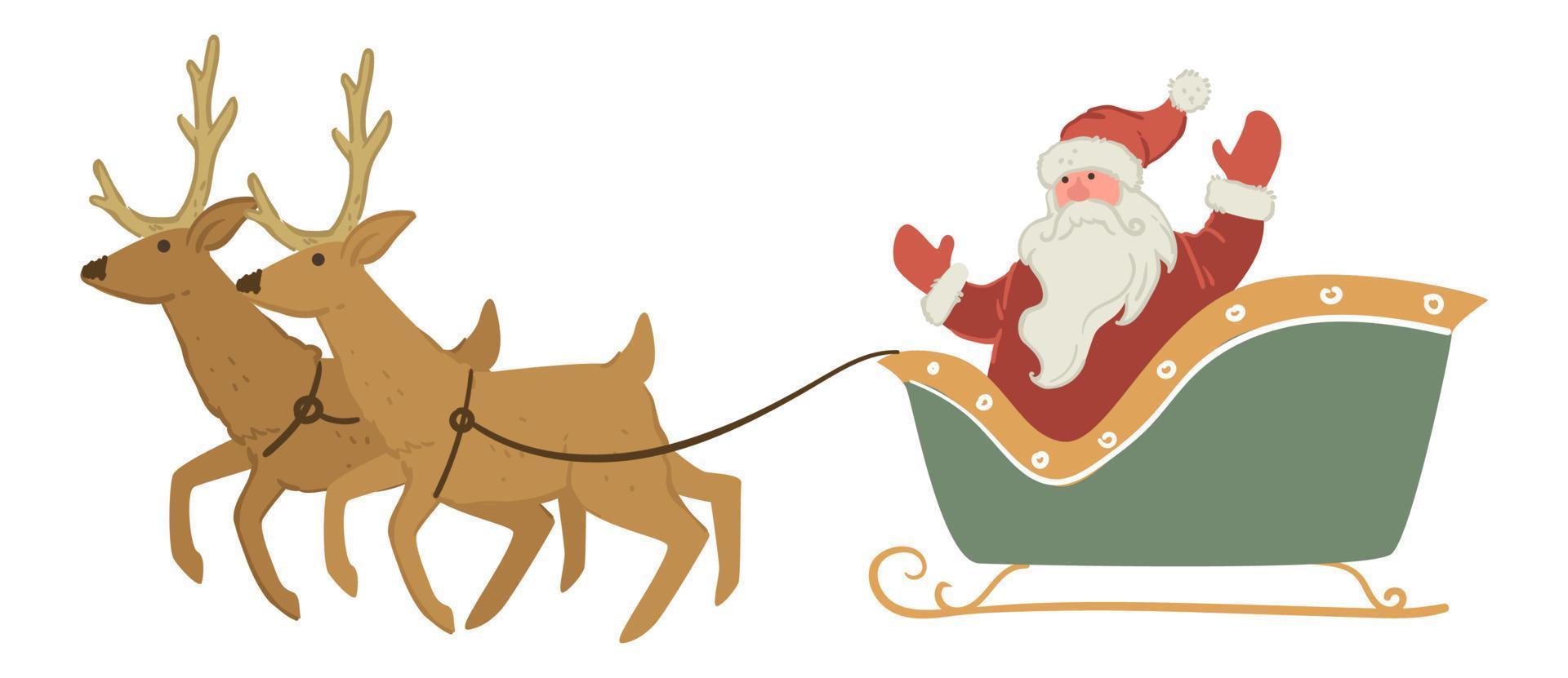 Père Noël en traîneau avec des rennes agitant la main vecteur