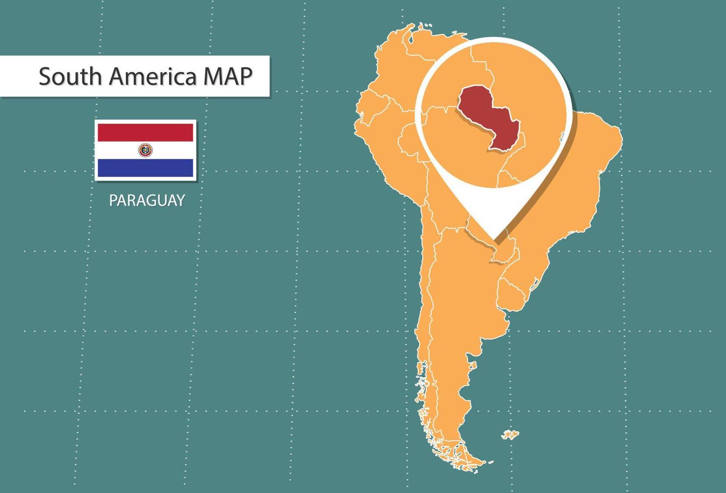 carte du paraguay en version zoom amérique, icônes indiquant l'emplacement du paraguay et les drapeaux. vecteur