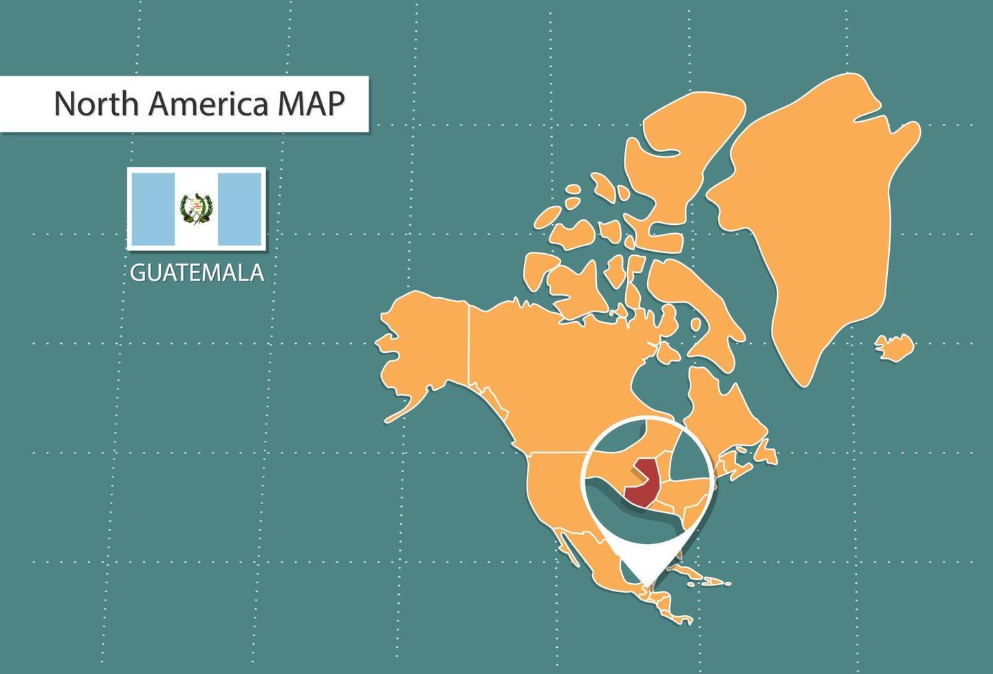 carte du guatemala en version zoom amérique, icônes indiquant l'emplacement et les drapeaux du guatemala. vecteur