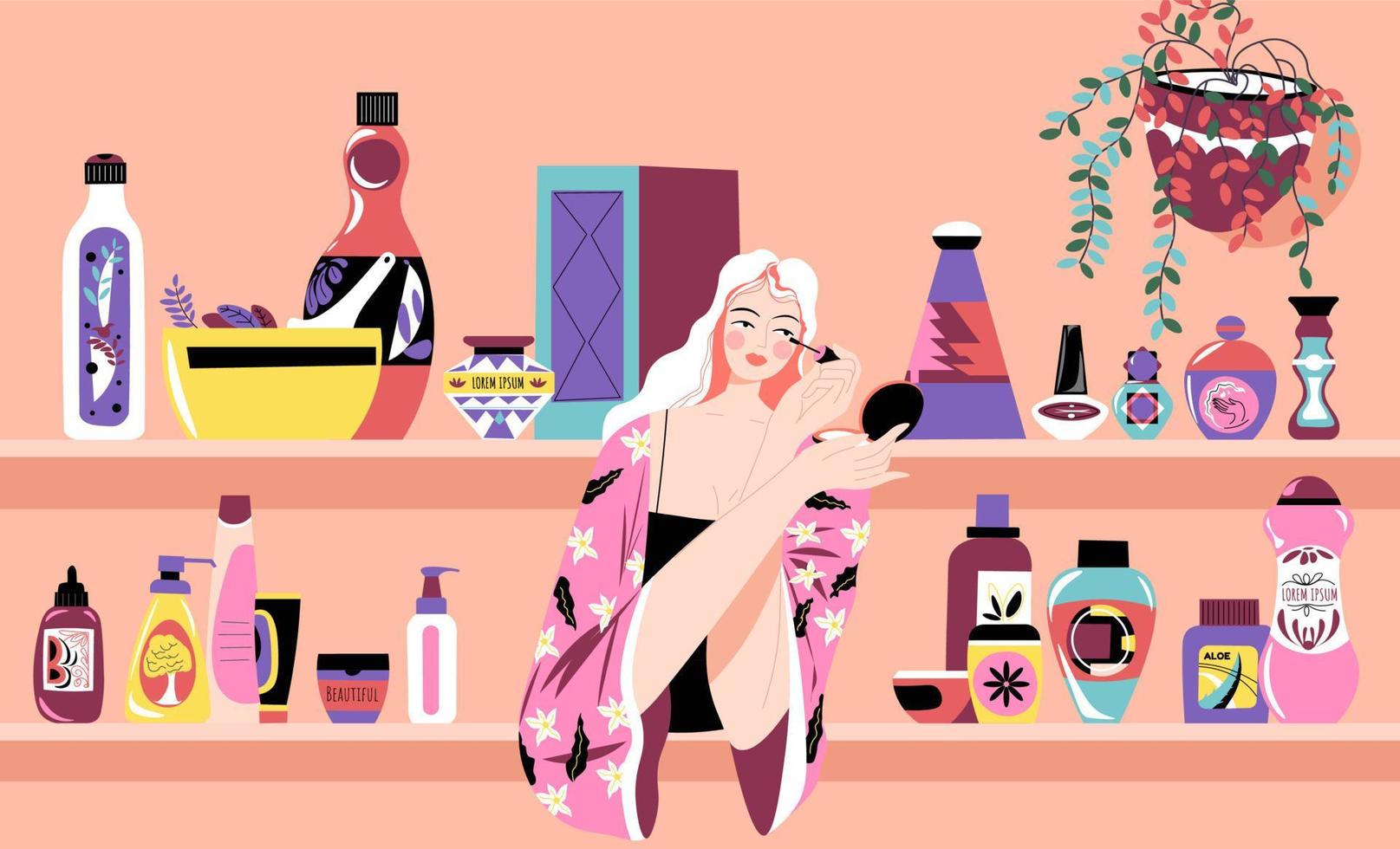 femme se maquillant, utilisant des produits cosmétiques vecteur