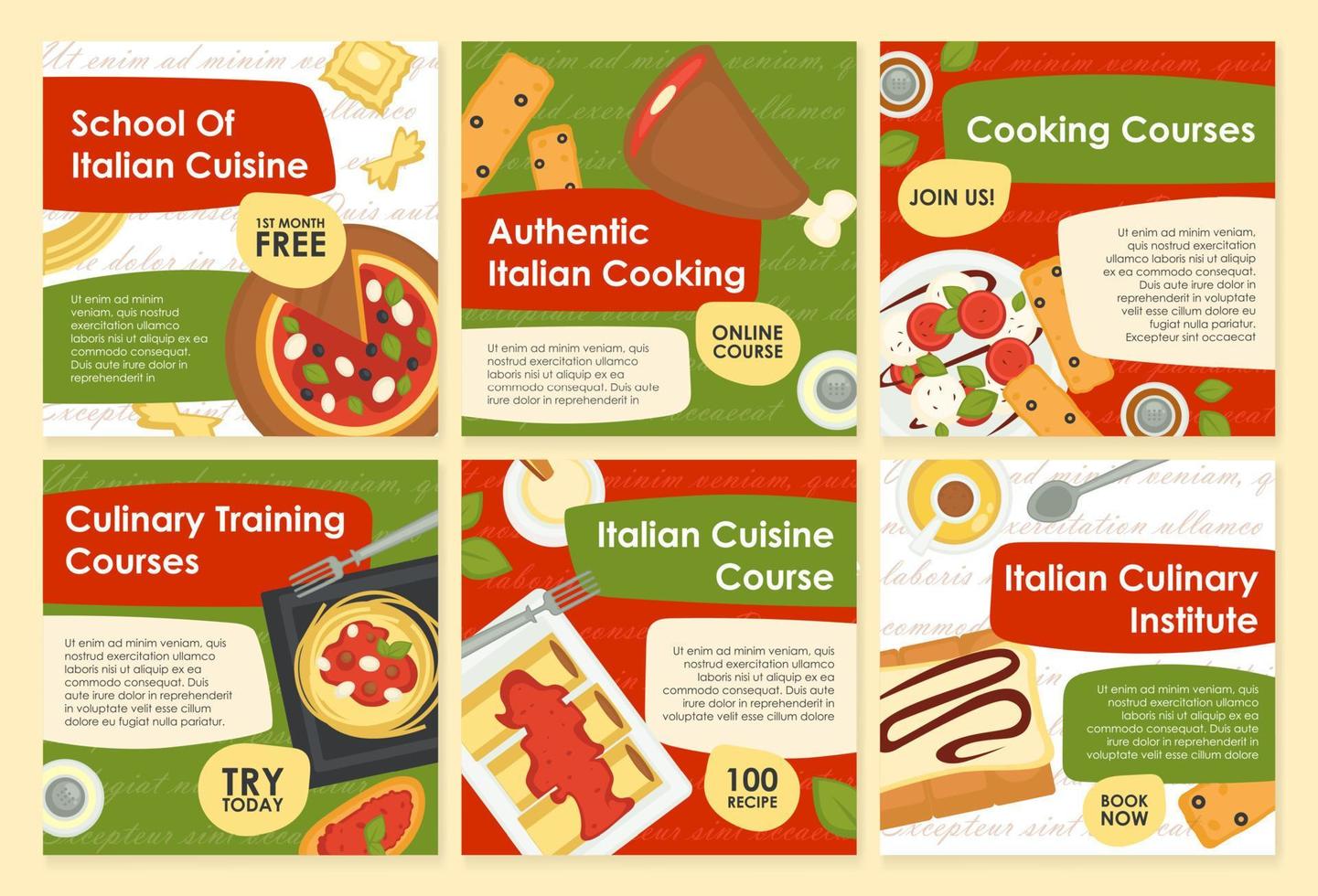 cours en ligne de cuisine italienne, ensemble de publications sur les réseaux sociaux vecteur