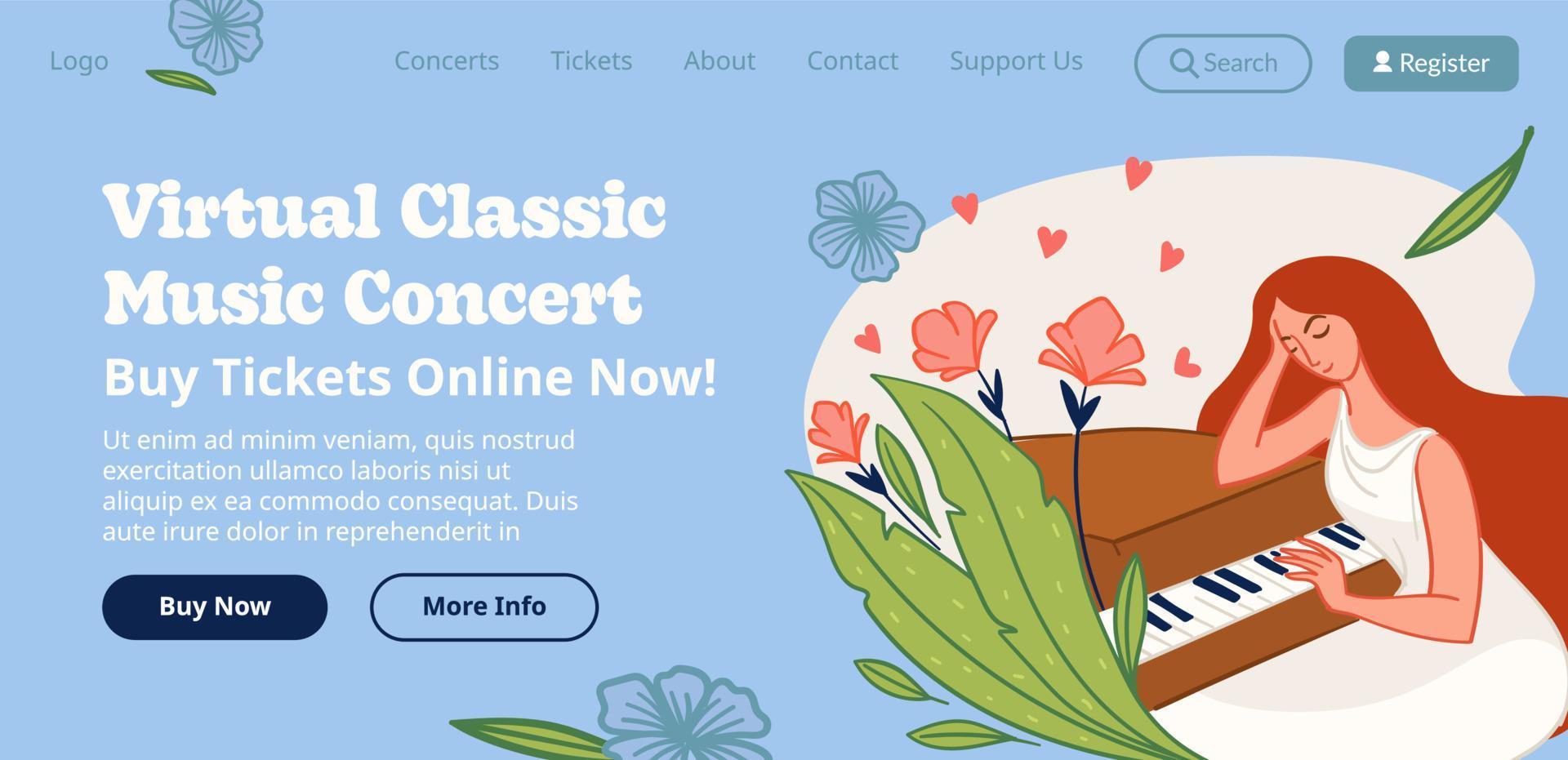 concert virtuel de musique classique, acheter des billets en ligne vecteur