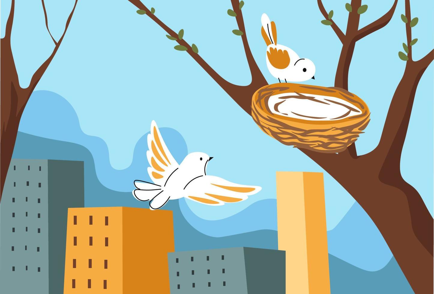 oiseaux nichant sur l'arbre dans le vecteur de la saison printanière de la ville