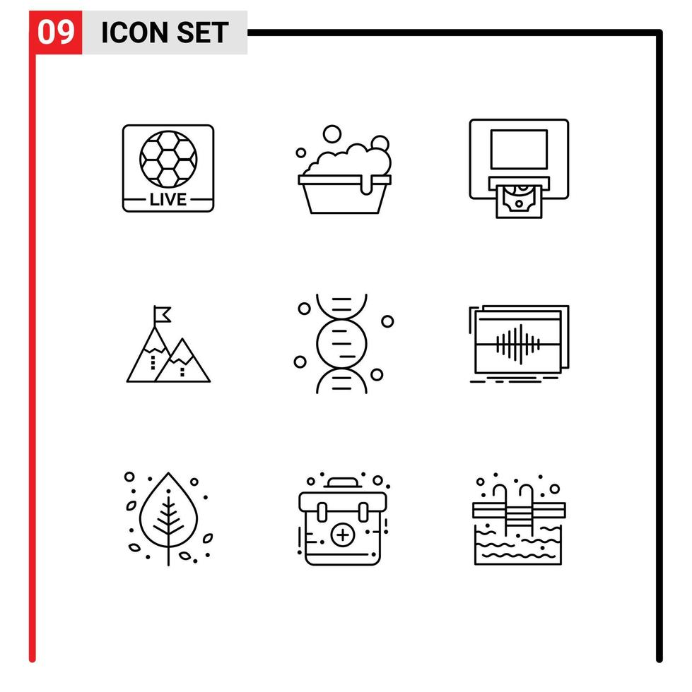 ensemble de pictogrammes de 9 contours simples d'éléments de conception vectoriels modifiables de drapeau de mission de montagne d'adn vecteur