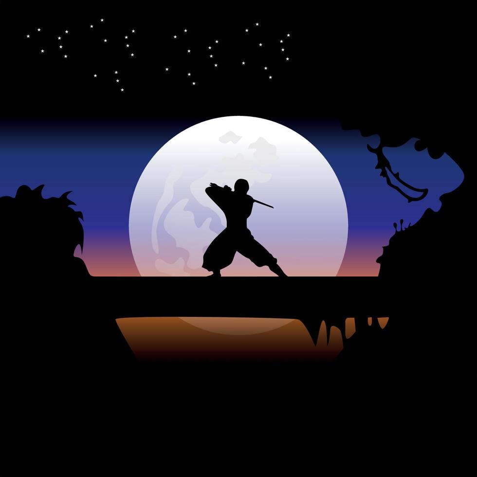 samouraï s'entraînant la nuit à la pleine lune vecteur
