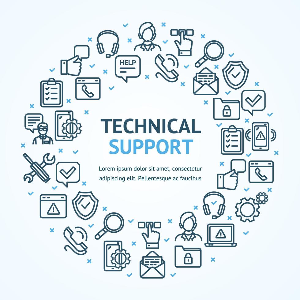 le support technique signe le concept de bannière d'icône de ligne mince de modèle de conception ronde. vecteur