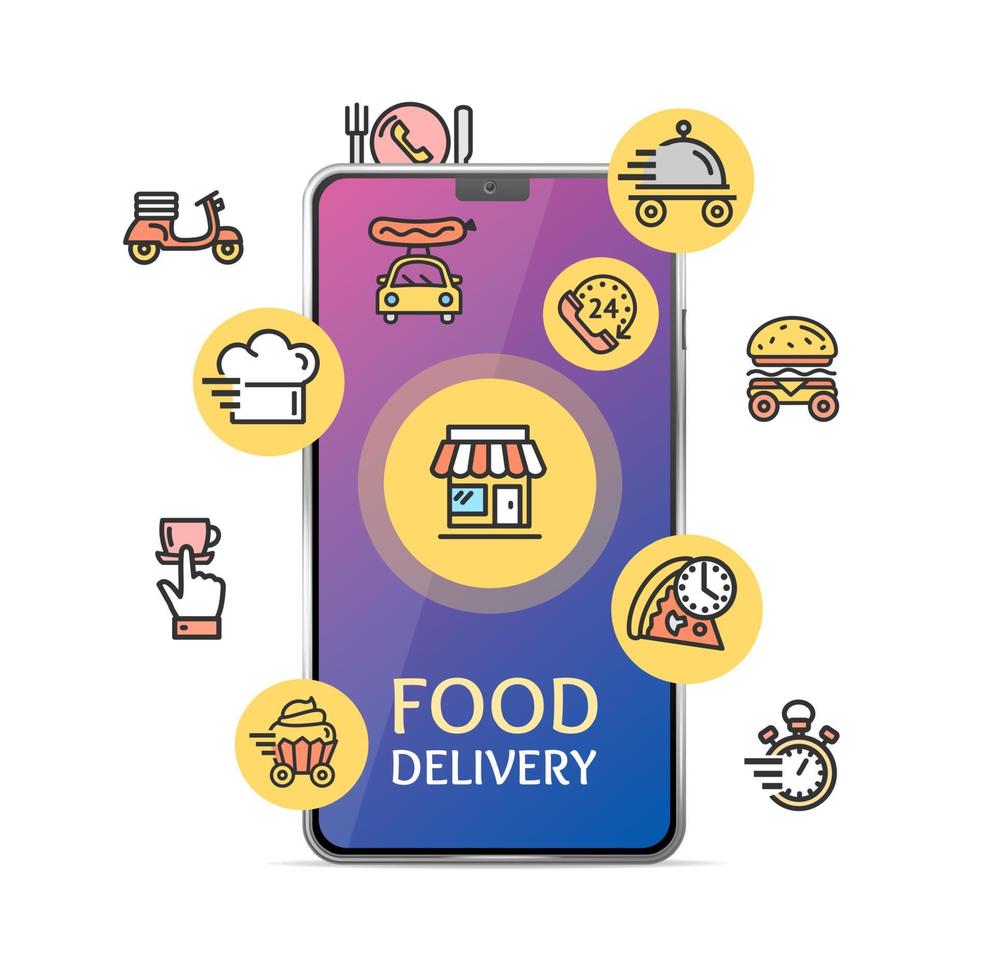 concept d'application de service de livraison de nourriture avec téléphone mobile 3d détaillé réaliste. vecteur
