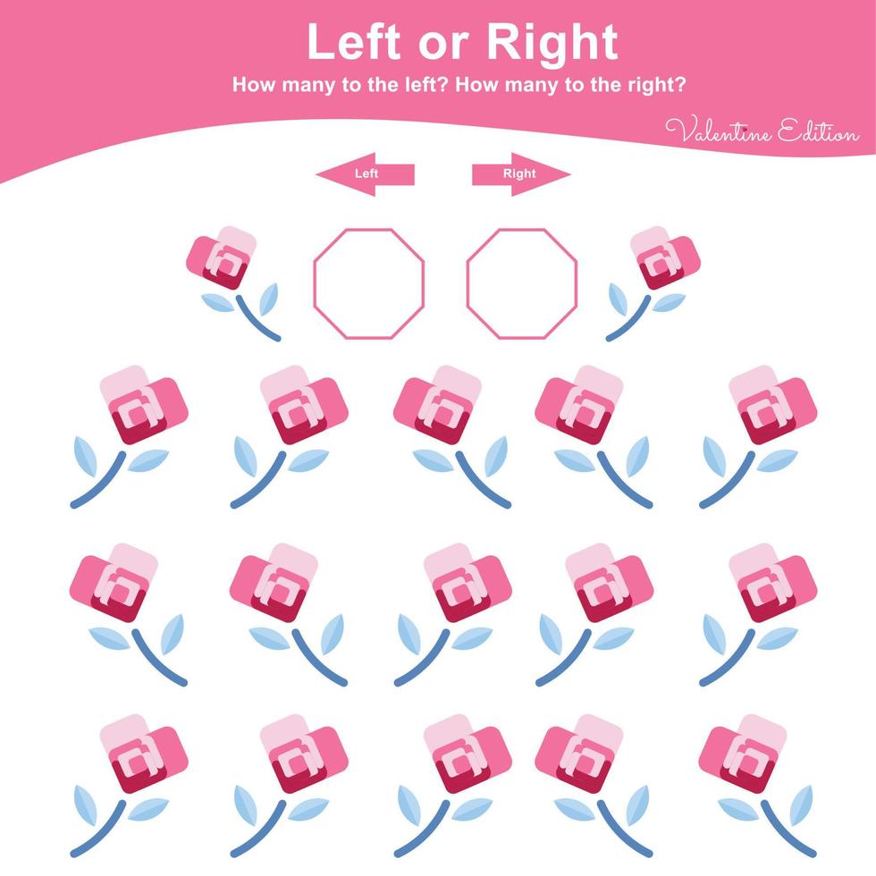 jeu gauche ou droit pour les enfants d'âge préscolaire. activité de feuille de calcul de la saint-valentin pour les enfants. feuille de calcul imprimable de mathématiques de l'éducation pour compter combien sont à gauche et à droite. illustration vectorielle. vecteur