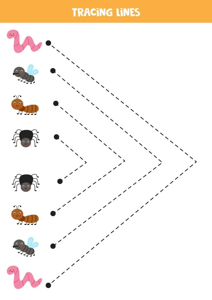 tracer des lignes pour les enfants. insectes souriants mignons pour les enfants. vecteur